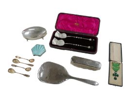 A group of Victorian and later silver, including a cased pair of Victorian silver serving spoons