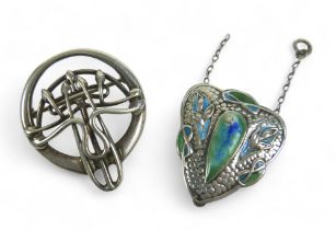 A silver and enamel Art Nouveau style pendant, maker WBs Sheffield, together with a silver brooch in