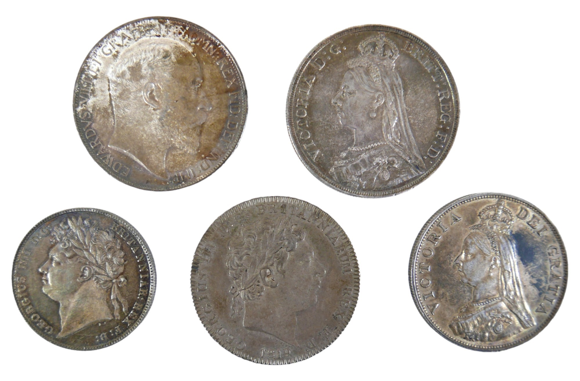A group of five British silver coins, comprising a George III crown 1819, a George VI half crown - Image 2 of 2