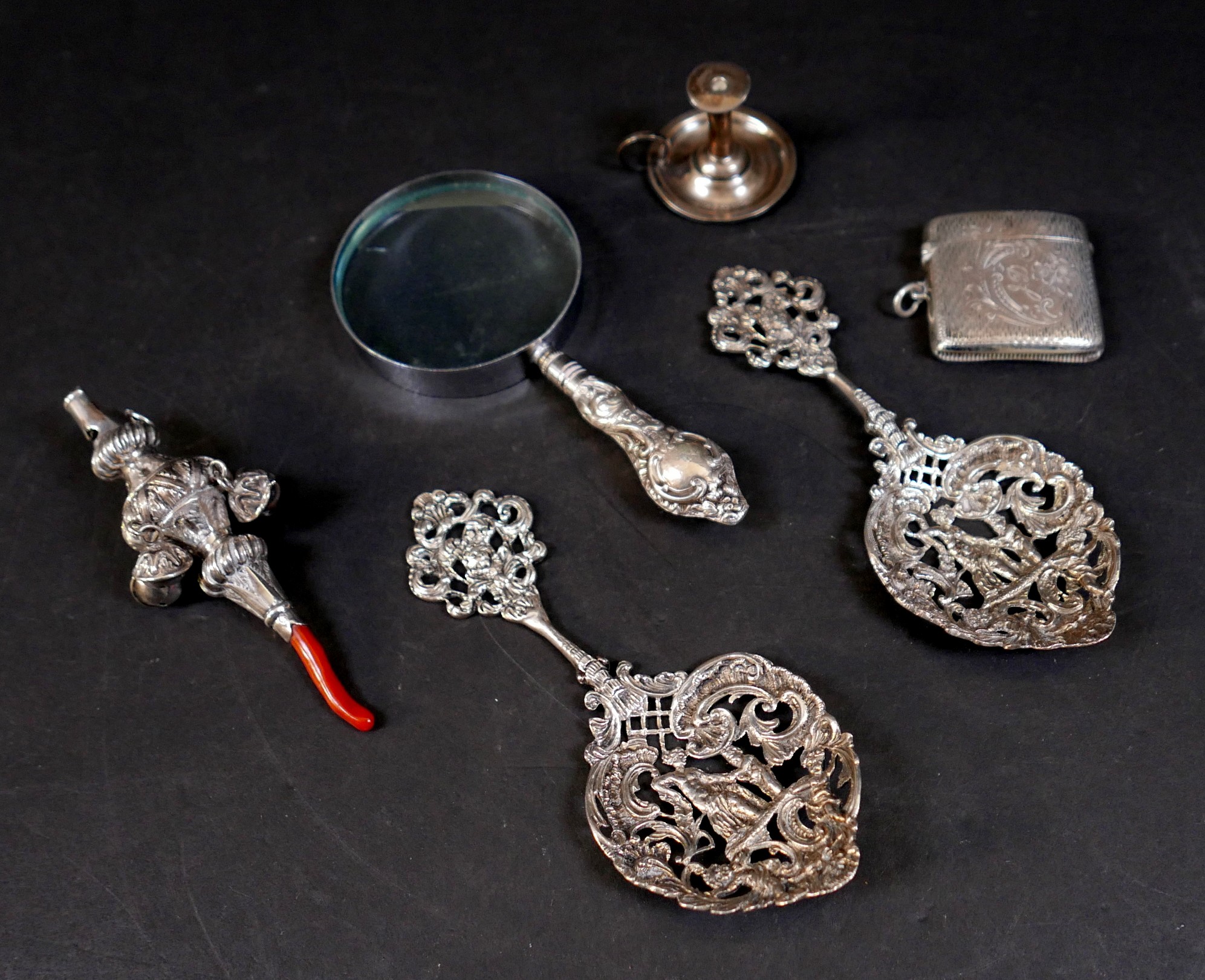 A small group of silver items, comprising a Victorian silver baby's rattle with coral teether, - Image 2 of 8