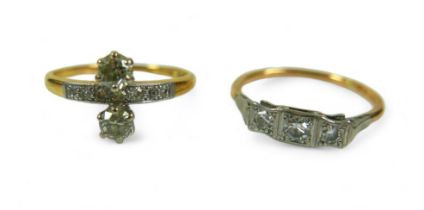 Two 18ct gold and diamond rings, including a three stone ring, all in illusion settings, size S, 2.