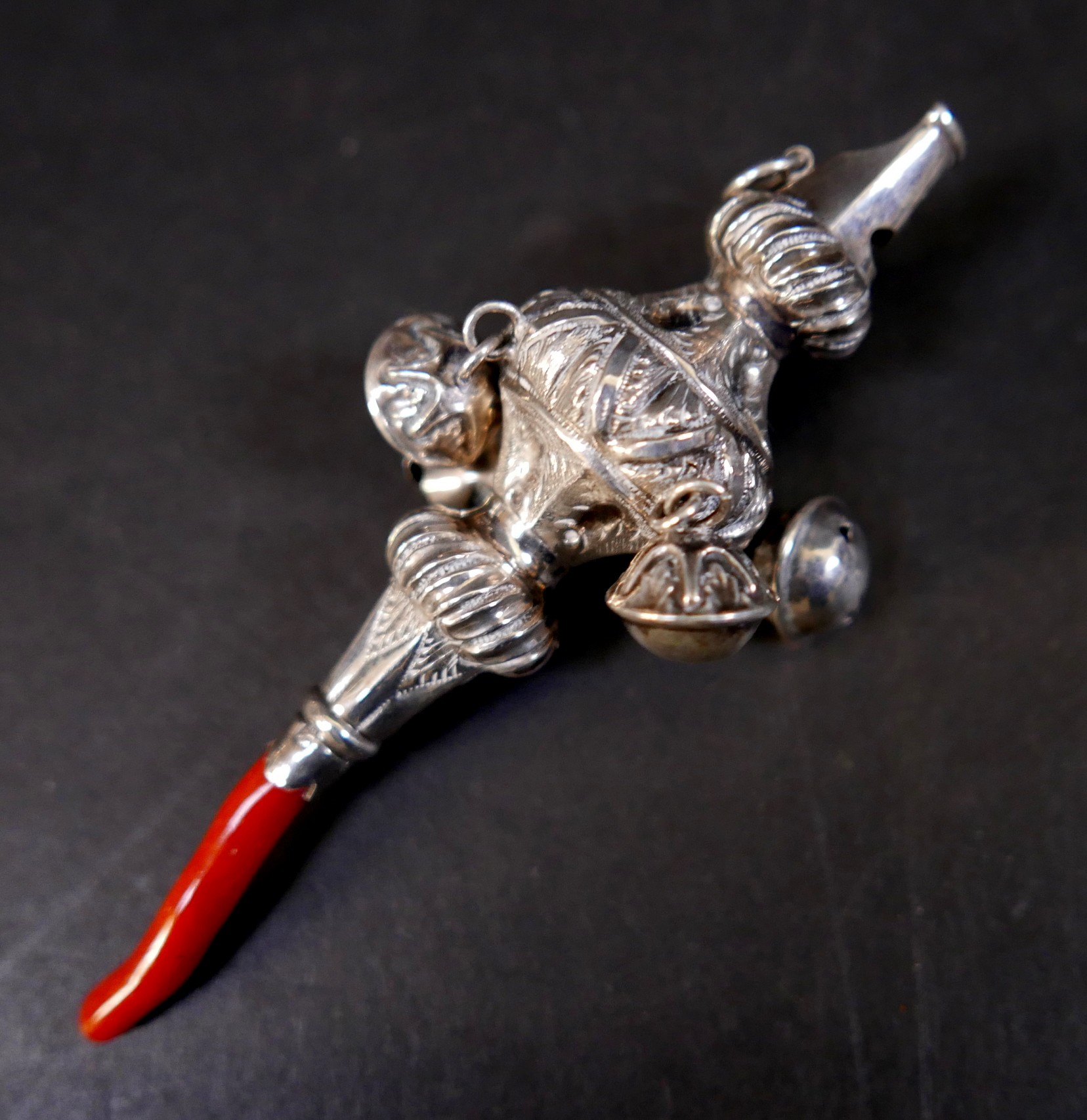 A small group of silver items, comprising a Victorian silver baby's rattle with coral teether, - Image 3 of 8