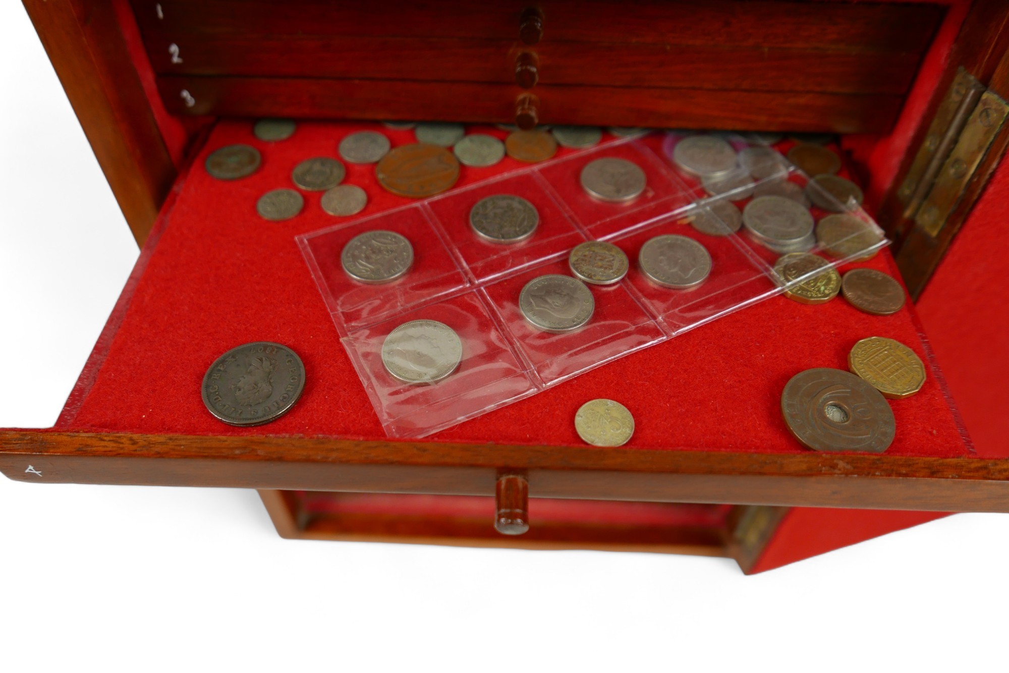 A collection of mainly English coins and other items contained in a nine drawer mahogany - Image 7 of 10