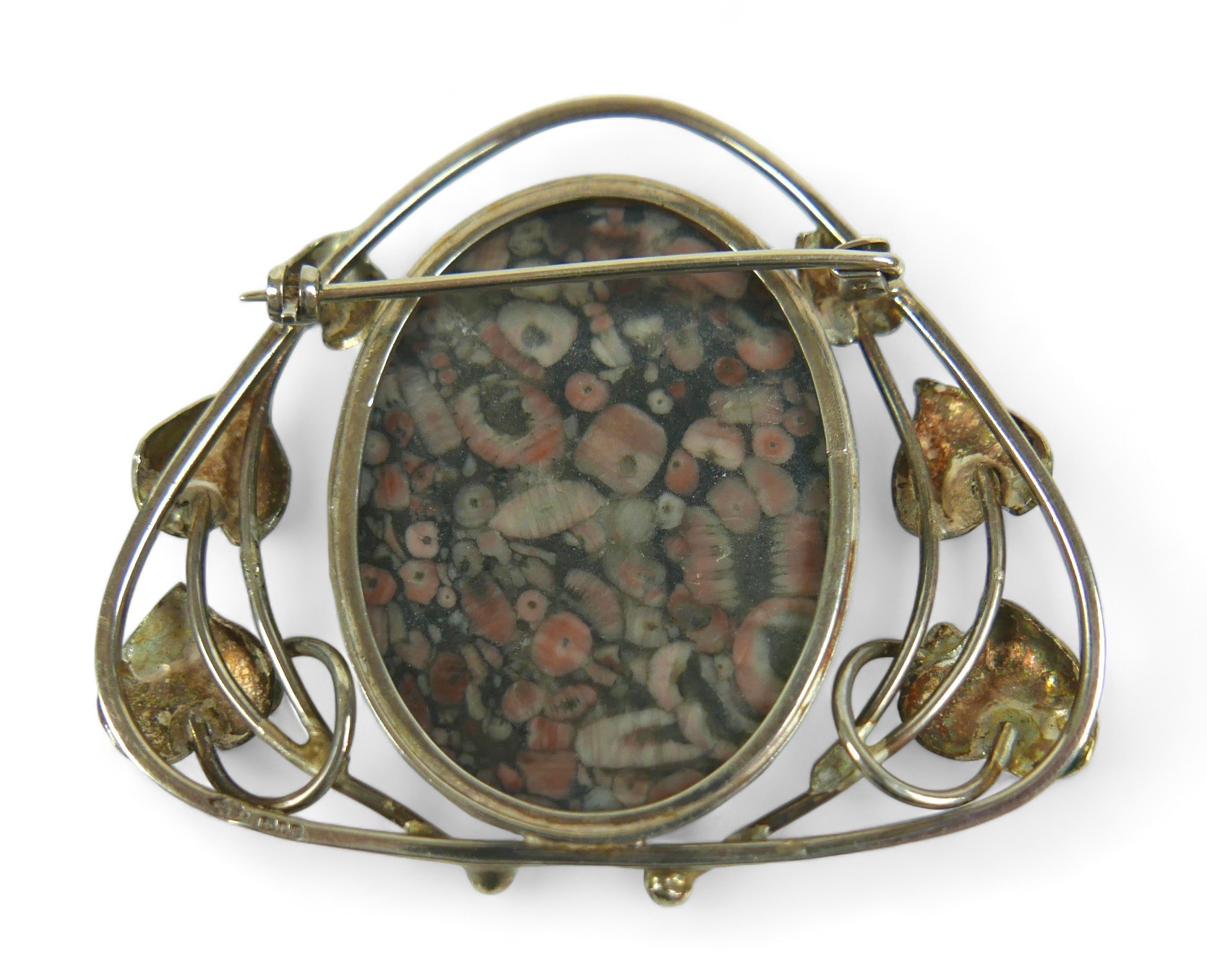 A silver Art Nouveau style pendant with hardstone central oval in pink, grey and white, with heart- - Image 2 of 3