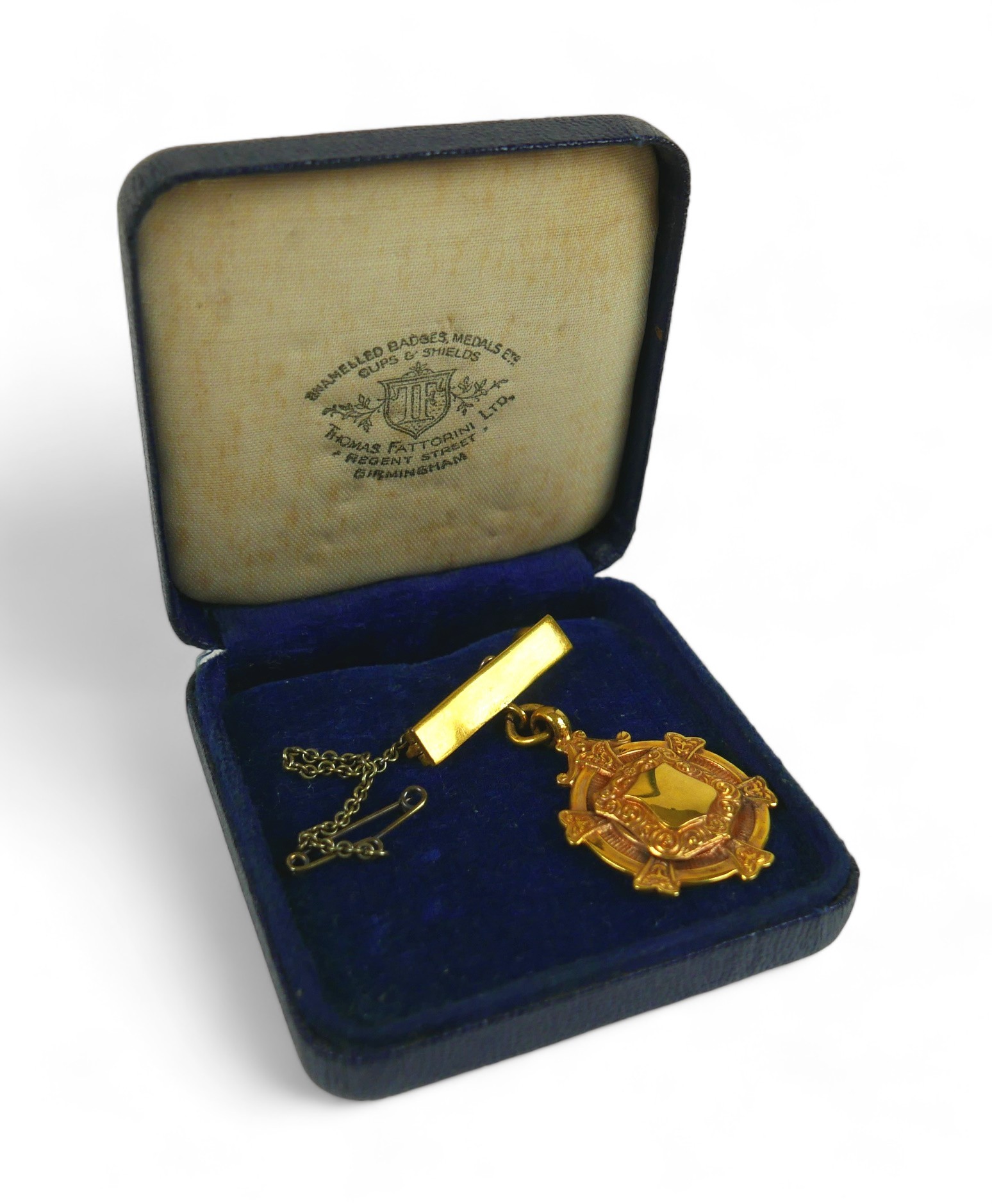 A 9ct gold presentation medal, on yellow metal pin with safety chain, gross weight 7.4g. - Image 5 of 5