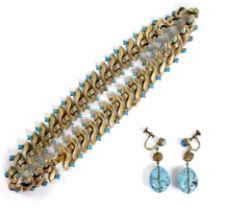 A vintage Ciner gilt metal necklace set with turquoise stones,with turquoise stones, plus a pair