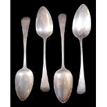 A group of four large silver serving spoons, comprising a George III 1798, one London 1798 marked