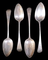 A group of four large silver serving spoons, comprising a George III 1798, one London 1798 marked