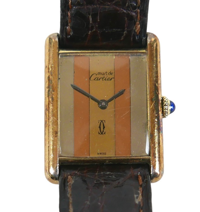 A vintage Must de Cartier lady's tank wristwatch, ref. 6 145571, silver gilt rectangular case