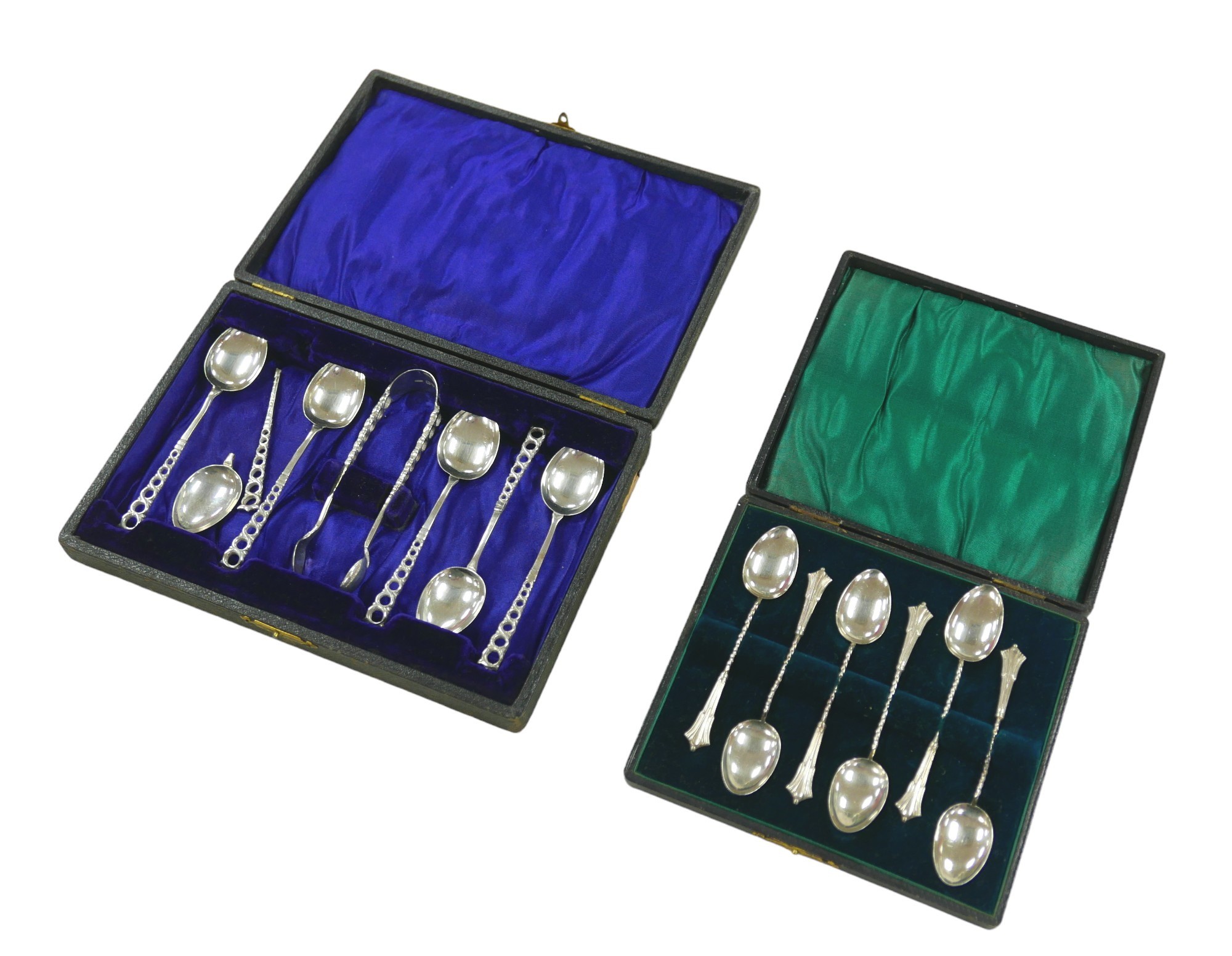 Two cased sets of silver teaspoons, comprising an Edwardian set of six teaspoons, A J Bailey,