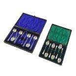 Two cased sets of silver teaspoons, comprising an Edwardian set of six teaspoons, A J Bailey,