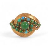 An 18ct Egyptian yellow gold turquoise ring, size O, 6.2g.