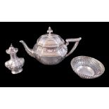 Three pieces of silver, comprising a continental 800 silver teapot, a Mappin and Webb sweetmeat