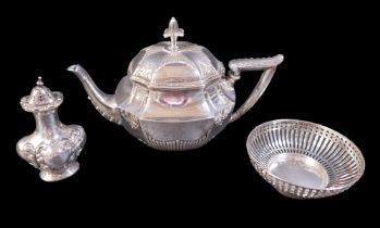 Three pieces of silver, comprising a continental 800 silver teapot, a Mappin and Webb sweetmeat