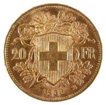 A Swiss gold 20 Franc vreneli coin, 1930, B. (Bern) Mint, obverse with Helvetia head left, reverse