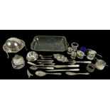 A collection of silver and silver plated items including two silver mustards, weighable silver 140