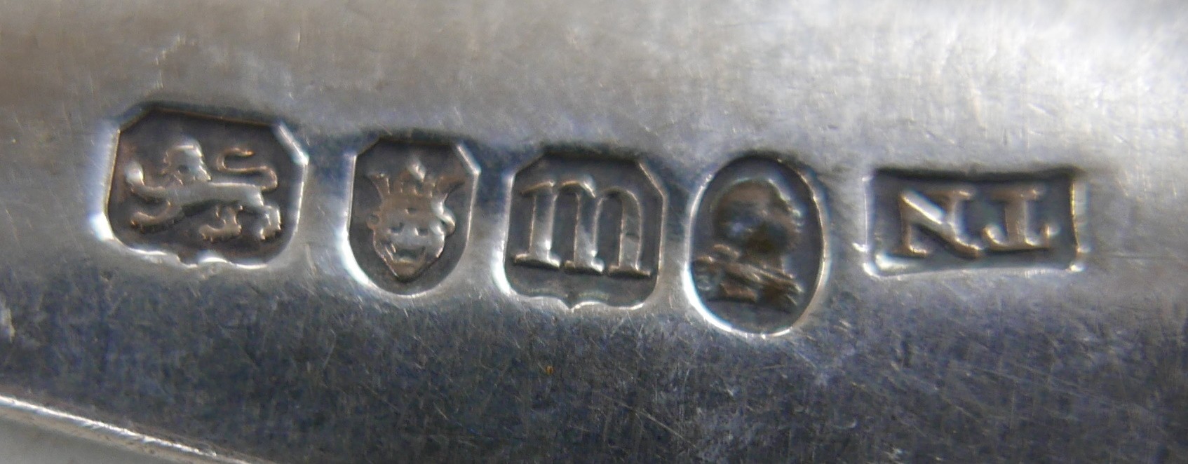 Four George III silver old English pattern table spoons, each engraved with the initial 'M' to - Image 4 of 6