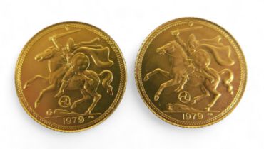 Two 1979 22ct gold coins by Isle of Man treasury for Pobjoy Mint, each weighing 4.3g, both boxed