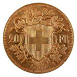 A Swiss gold 20 Franc vreneli coin, 1930, B. (Bern) Mint, obverse with Helvetia head left, reverse