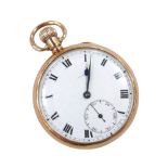 A 9ct gold cased open faced pocket watch, keyless wind, with Roman numeral dial, subsidiary