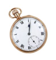 A 9ct gold cased open faced pocket watch, keyless wind, with Roman numeral dial, subsidiary