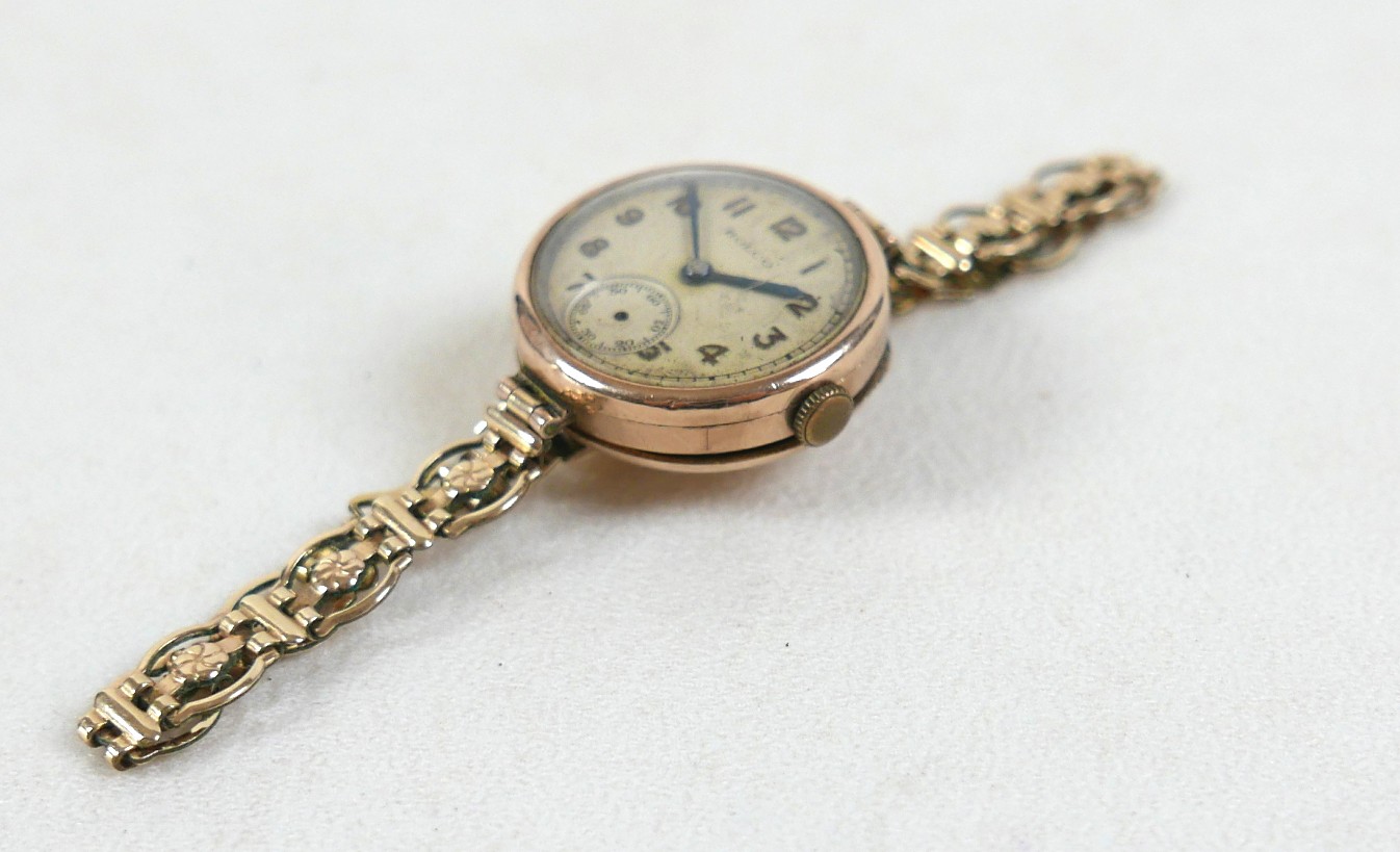 A 9ct yellow gold Rolco lady's wristwatch on a gold plated bracelet strap, 25mm case, 20.0g gross. - Image 2 of 5