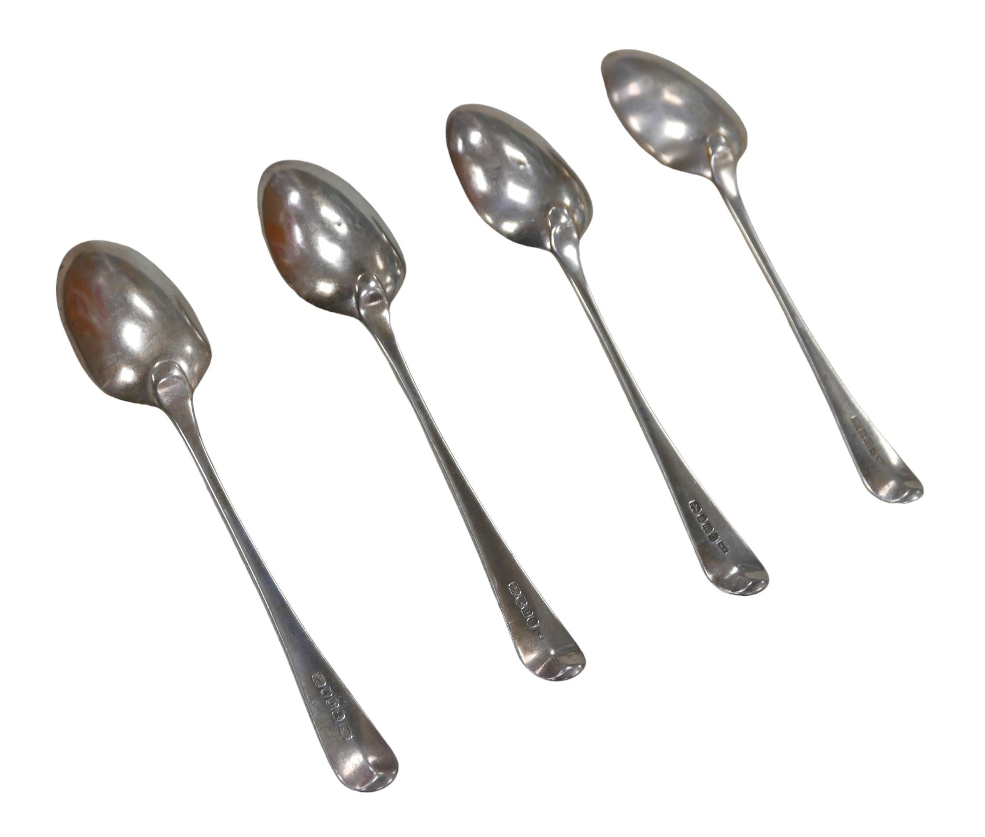 Four George III silver old English pattern table spoons, each engraved with the initial 'M' to - Image 2 of 6