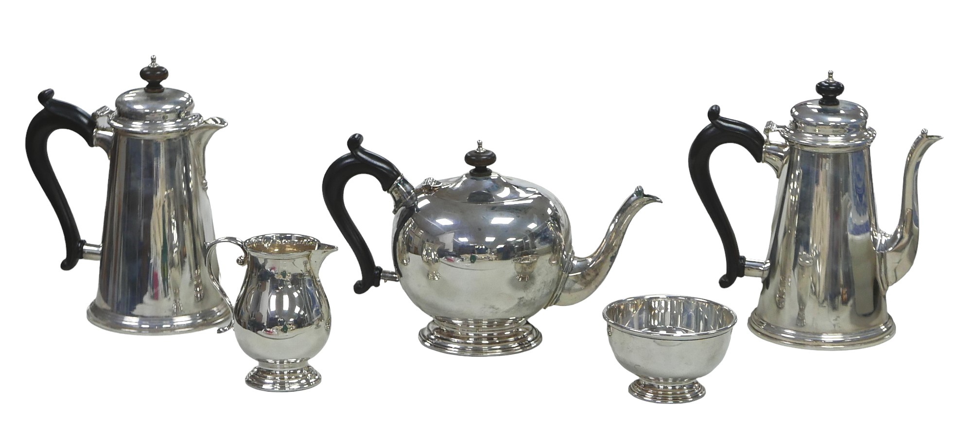 An ERII five-piece Britannia silver tea and coffee set, comprising tea pot, 16.5cm high, coffee pot, - Image 2 of 3