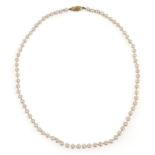 A pearl necklace, with 9ct gold clasp, single string of individually knotted evenly sized pearls,