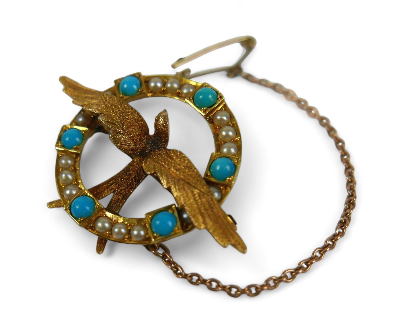 An Edwardian 15ct yellow gold, turquoise and pearl set brooch, formed as a swallow surrounded by a - Image 2 of 4