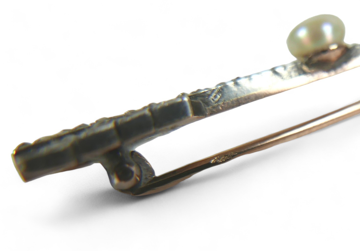 A 19th century bar brooch set with diamond chips and single pearl, modelled as an arrow, unmarked - Image 3 of 3