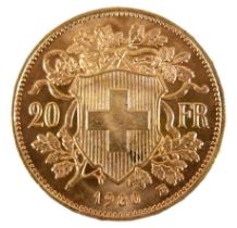 A Swiss gold 20 Franc vreneli coin, 1930, B. (Bern) Mint, obverse with Helvetia head left, reverse