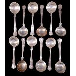 Twelve deep bowl silver soup spoons, Queens pattern with anthemion detail, Henry Birks & Sons Ltd,