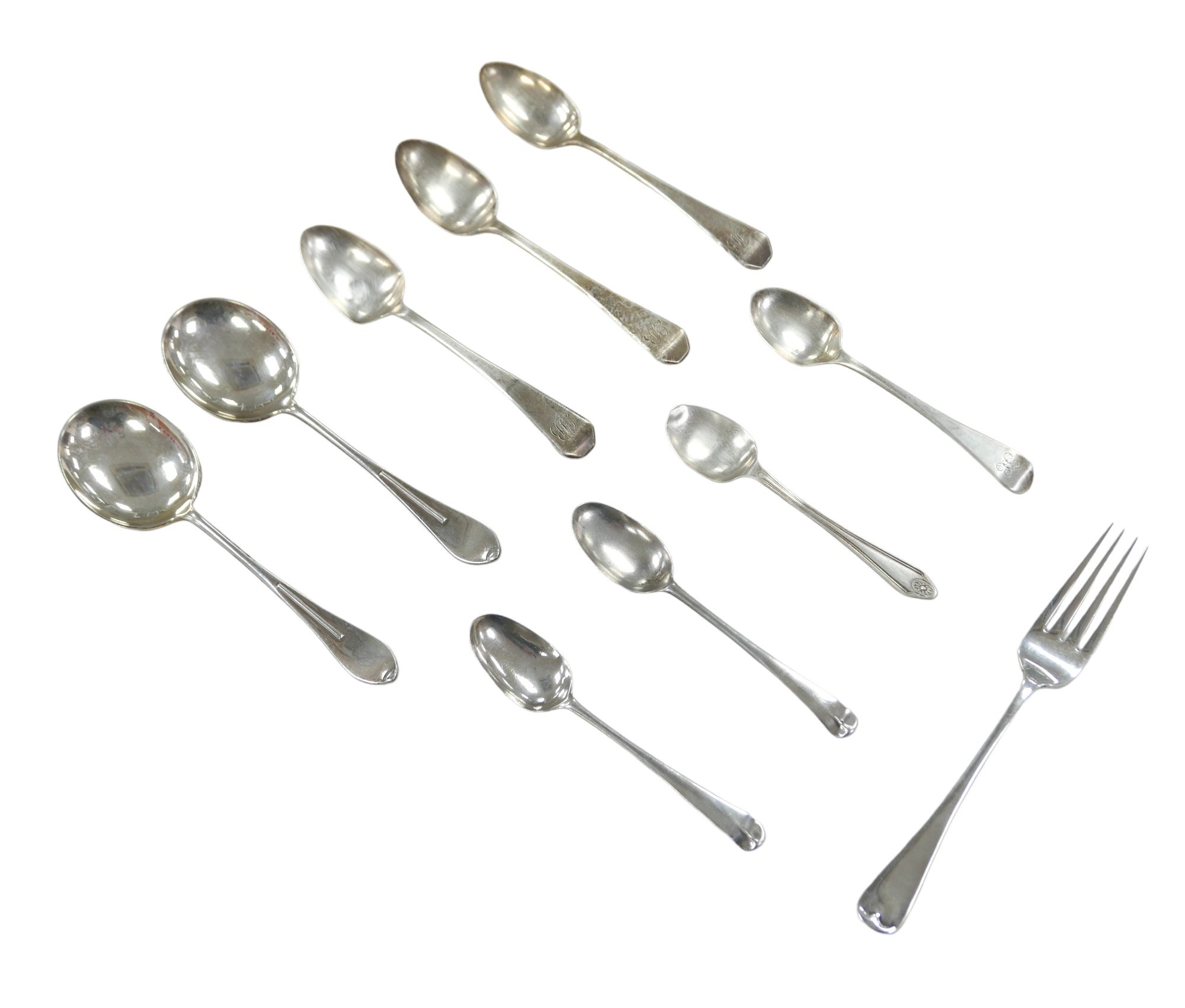 A collection of George IV and later silver flatware, including a George IV teaspoon, William Chawner