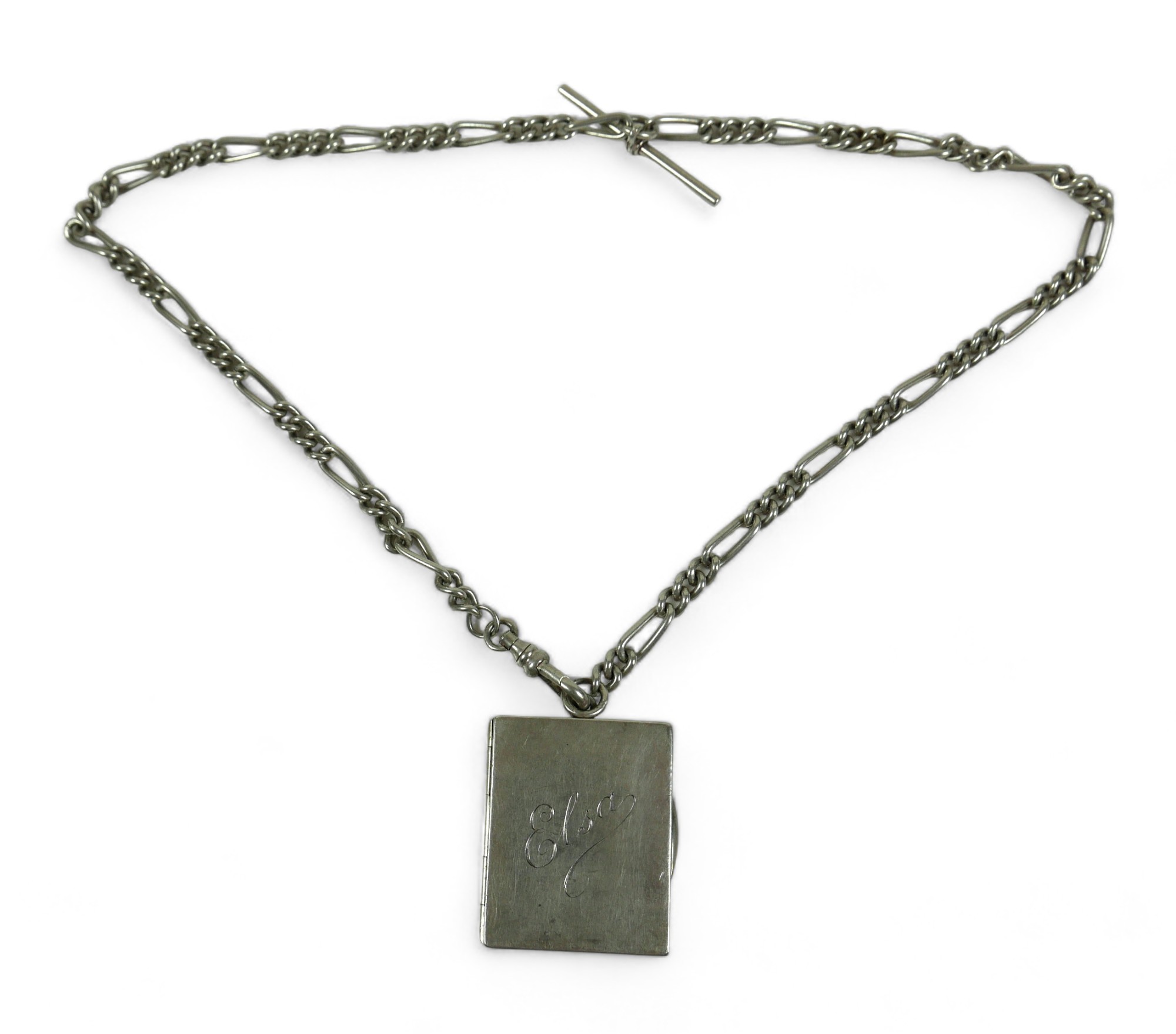 A silver watch chain necklace with white metal vinaigrette with 'Elsa' engraved, chain length - Image 2 of 6