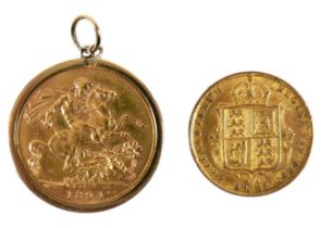 A Victorian Veiled Head gold sovereign, 1894, together with a Victorian gold shield back half