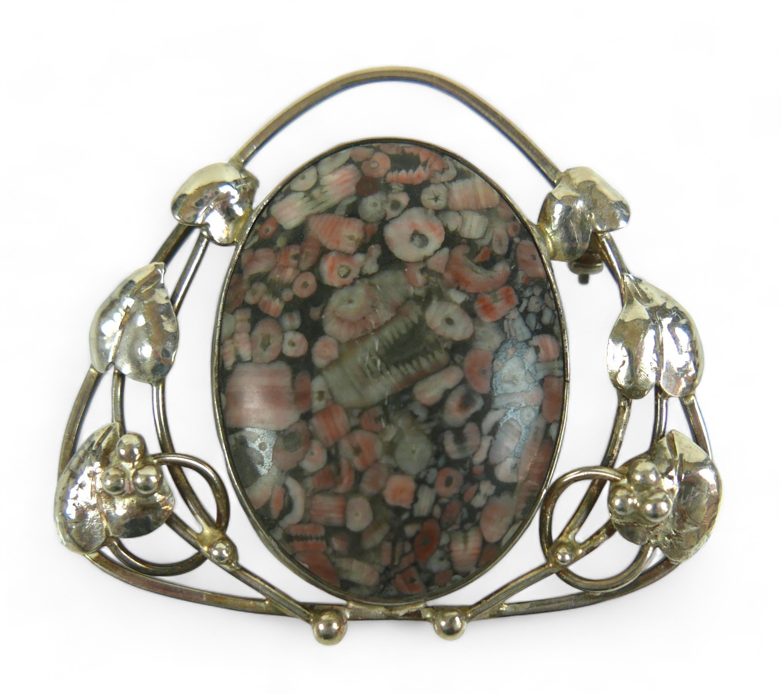 A silver Art Nouveau style pendant with hardstone central oval in pink, grey and white, with heart-