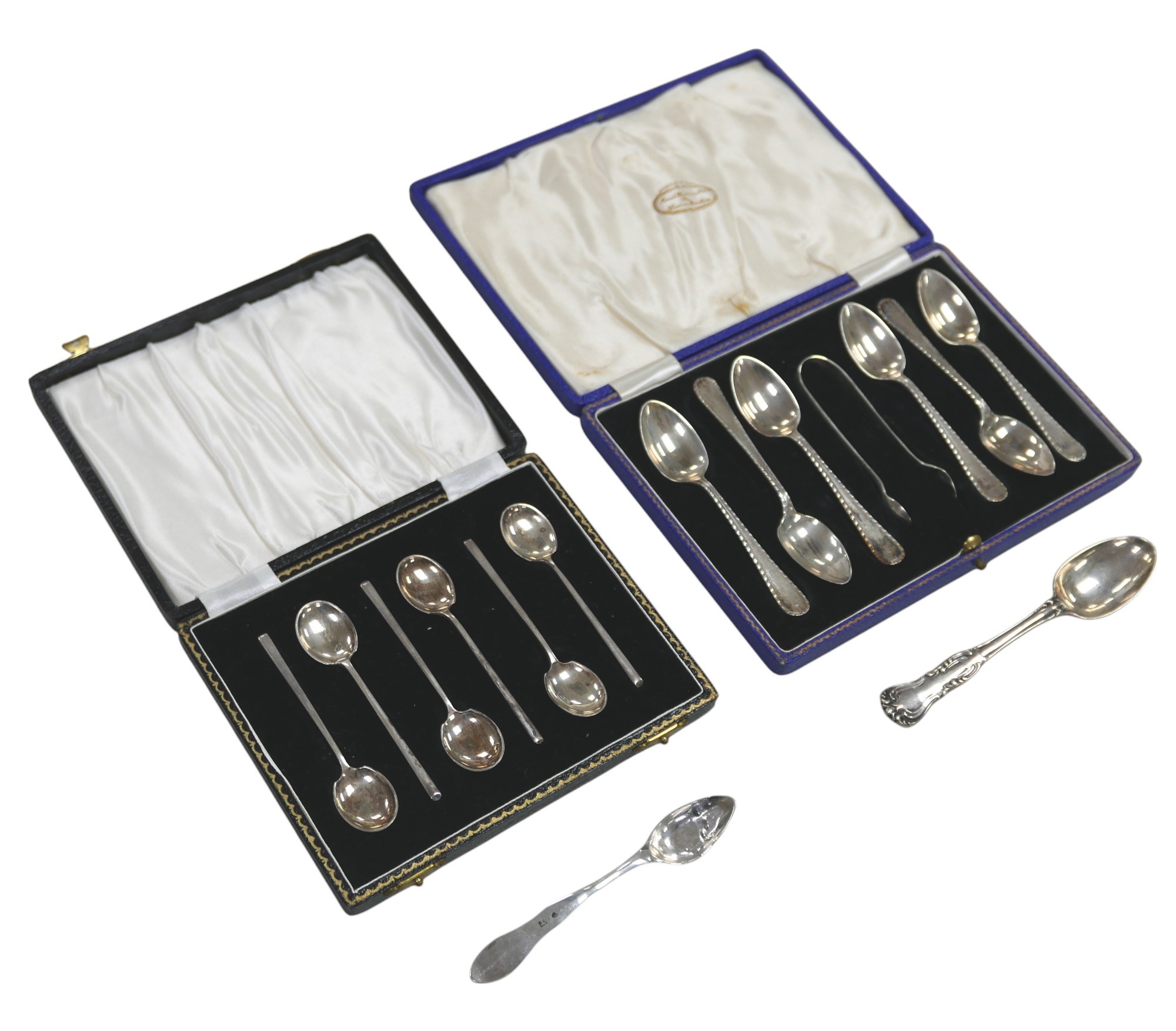 Two ERII cased sets of silver teaspoons, one set with sugar nips, Barker Brothers Silver Ltd.