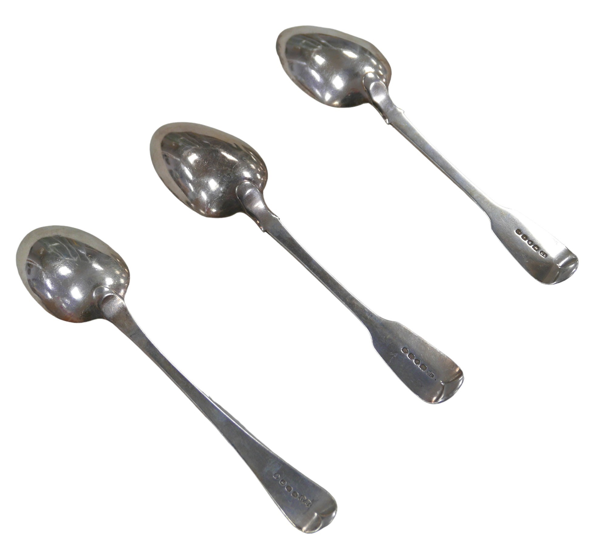 Three George III and later silver table spoons, comprising an old English pattern spoon, monogram to - Image 2 of 6