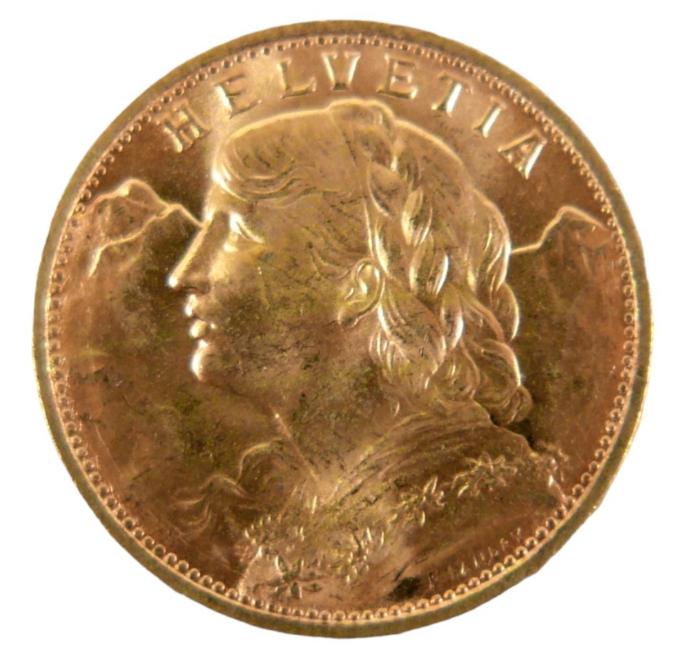 A Swiss gold 20 Franc vreneli coin, 1930, B. (Bern) Mint, obverse with Helvetia head left, reverse - Image 2 of 2