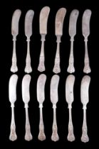 A set of ten silver butter knives, with anthemion detail, HB&S, Sheffield, 1956, 10.0toz, together