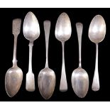 Six large silver serving spoons comprising two George III marked TW JH, London 1798, one JD London