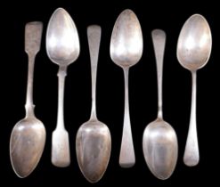 Six large silver serving spoons comprising two George III marked TW JH, London 1798, one JD London