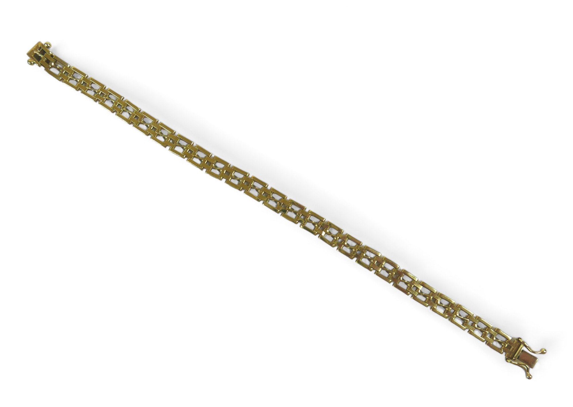 A three-bar gate 9ct gold bracelet, the central link with twist detail, 17cm long, 9.1g. - Image 2 of 4