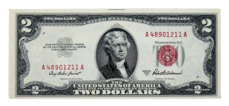 An unusual Two Dollar bill / note, Series 1953 A, Secretary of the Treasury Robert B Anderson,