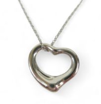 A Tiffany & Co 950 platinium Peretti heart pendant and chain, total 5.4 grams, 45cm chain.