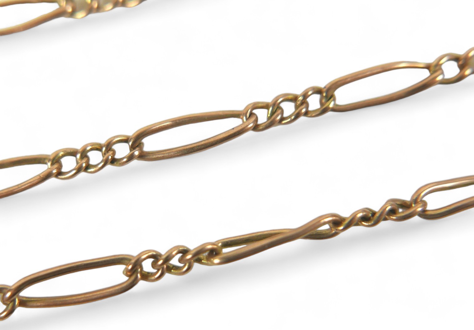 A 9ct rose gold bracelet with three small and one large loop repeat design with T bar, a/f detached, - Image 2 of 6