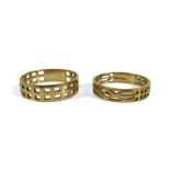 Two 9ct gold rings, with pierced detail in the style of Charles Rennie Mackintosh, size V/W and R/S,
