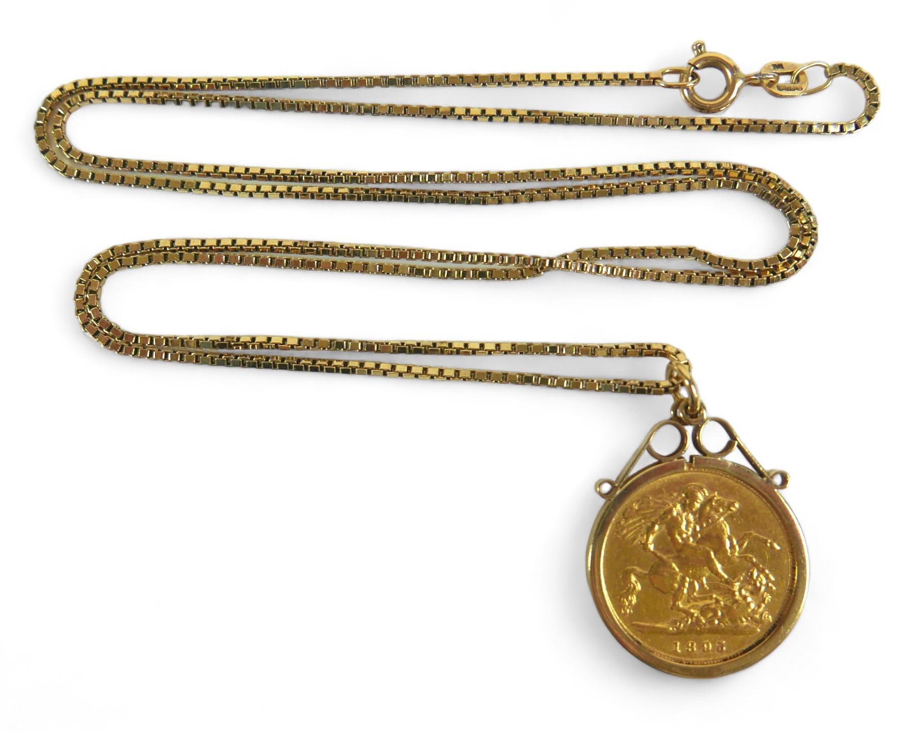 A Victorian 1895 half sovereign in 9ct gold pendant setting and 9ct gold box chain, overall gross - Image 2 of 6