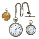 A 9ct gold lady's pocket watch, together with a silver pocket watch with a ceramic face, and a